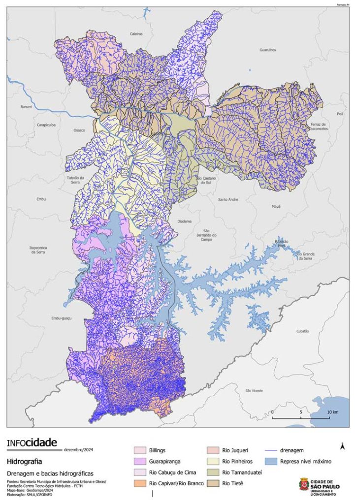 Mapa hidrográfico da prefeitura de SP. Estima-se que mais de 500 rios e cursos d'água cortam a capital paulista.