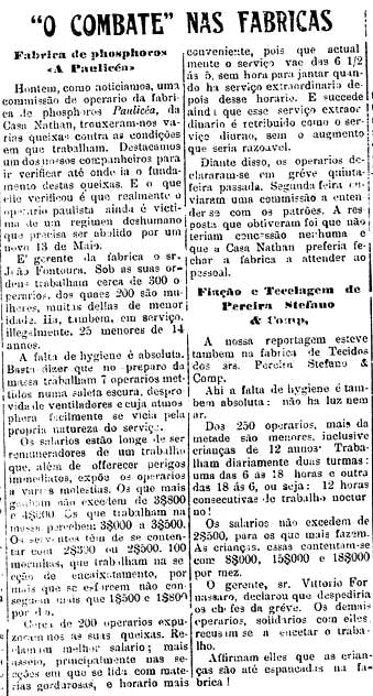 O jornal operário "O Combate" relata as condições de trabalho nas fábricas da época.
