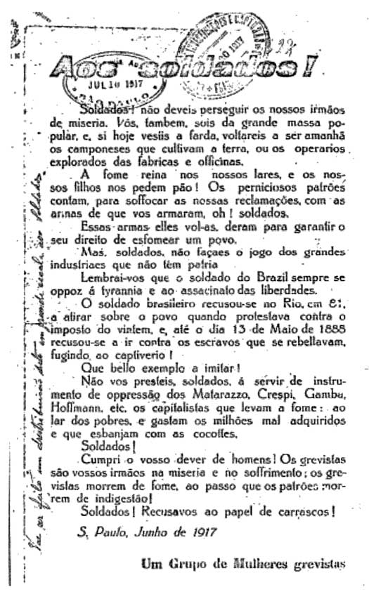 Panfleto de mulheres operárias pede aos policiais solidariedade com os grevistas.