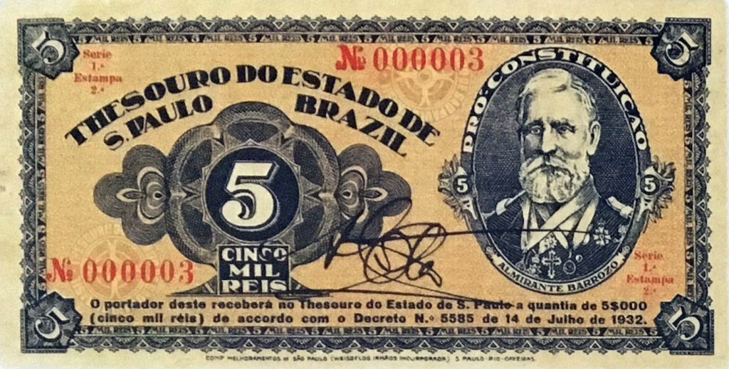 Frente da cédula de 5 mil Réis.