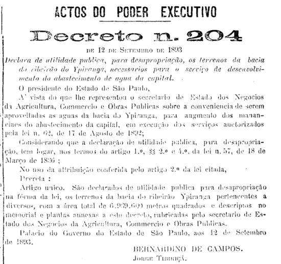 Decreto que desapropriou as terras no entorno da nascente do Rio Ipiranga.