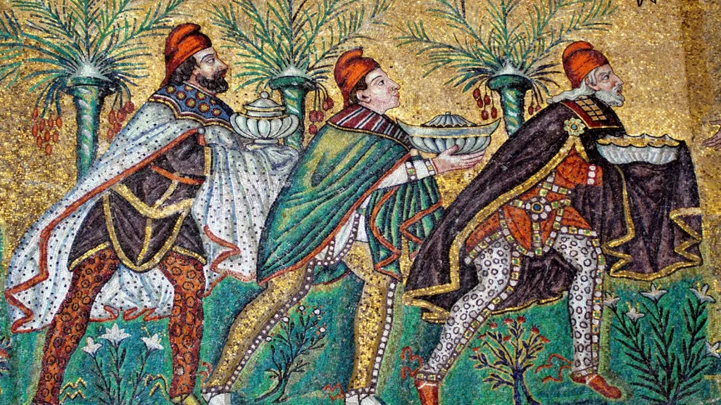 Mosaico dos três Reis Magos, do Séc. VI, na Basílica Santo Apolinário Nuovo, Itália.