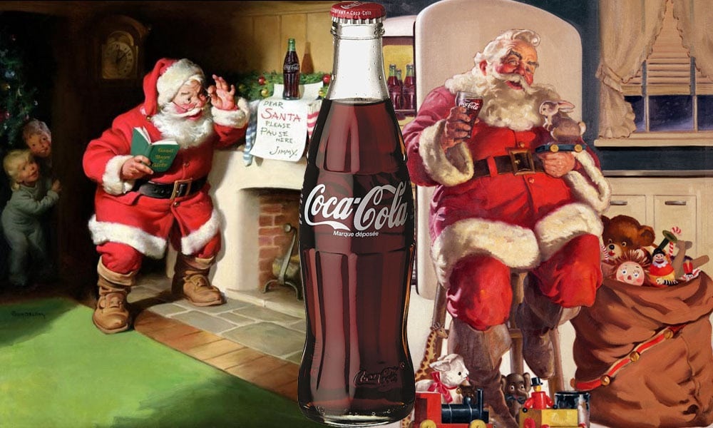 Nos anos 1930 a Coca Cola deu ao Papai Noel uma aparência mais fraternal e, claro, sempre acompanhado do refrigerante.