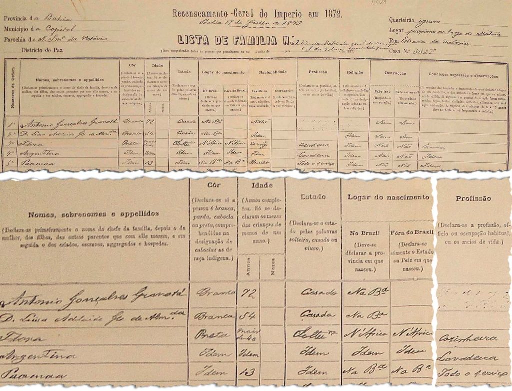 Ficha de coleta de dados do recenceamento de 1872.