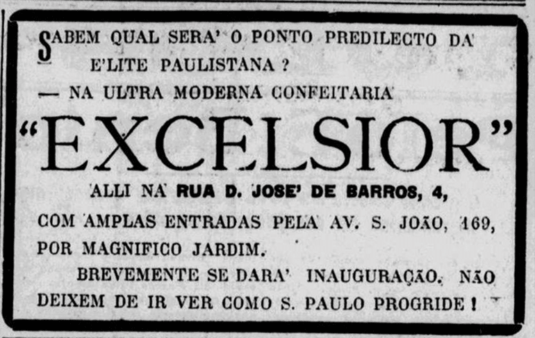 Anúncio de pré-inauguração da Confeitaria Excelsior.