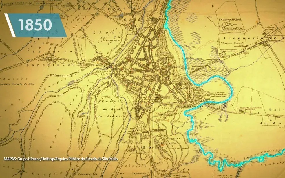 Em 1850, já se falava na retificação do rio, mas o mapa ainda mostra seu curso natural e suas curvas na região central.