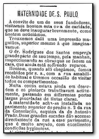 Matéria de "O Estado de São Paulo", de setembro de 1894 relata visita à maternidade que seria inaugurada.