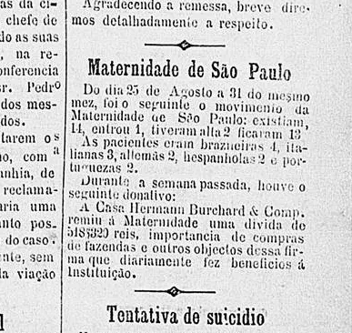 Matéria curiosa de 1895 relata o movimento da maternidade no dia 31 de agosto.