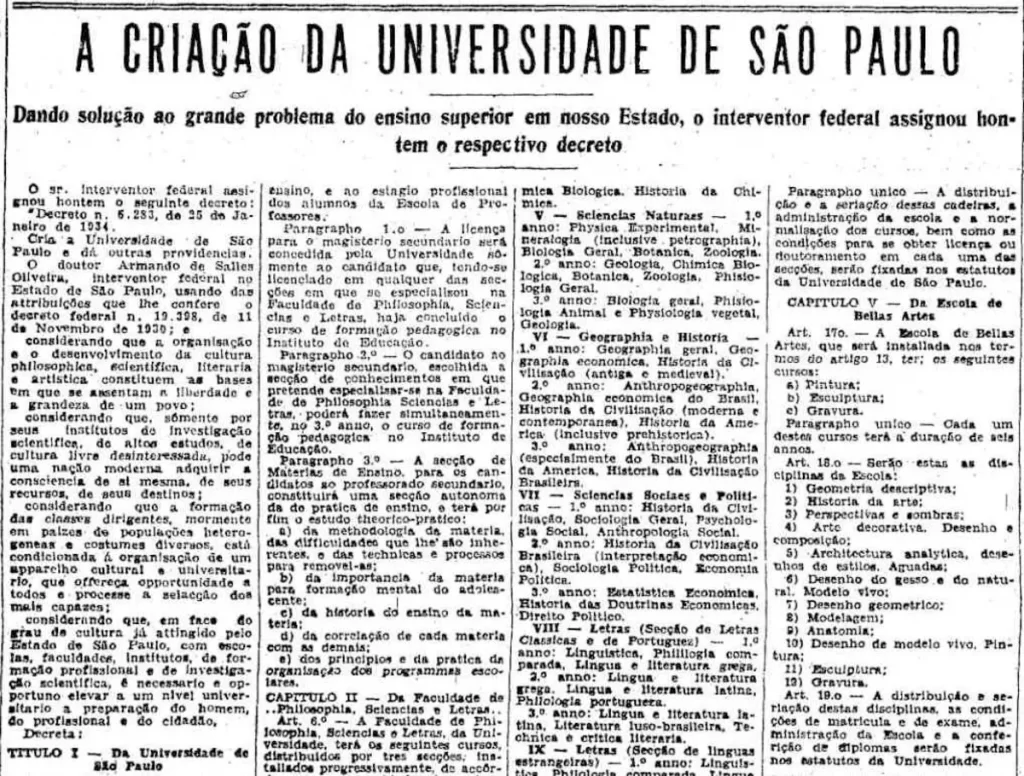 Detalhe do decreto de criação da Universidade de São Paulo, gestada por Julo de Mesquita Filho nos anos de exílio.