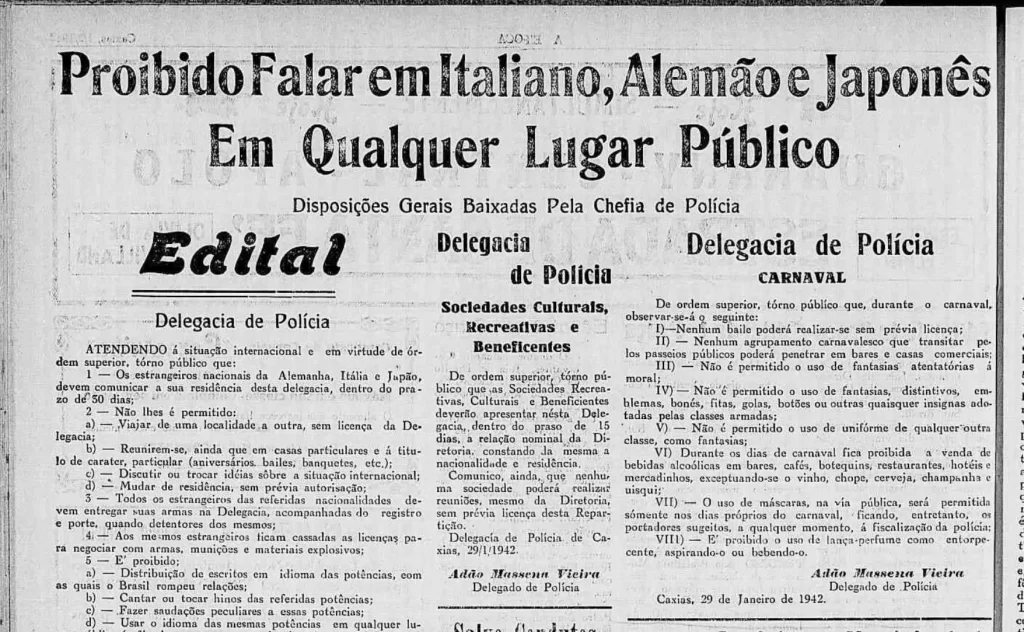 Edital da Polícia ameaçava quem falasse os idiomas dos três países envolvidos na Segunda Guerra.