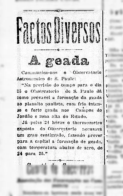 Notícia de 1918 sobre o frio de -3 graus na cidade.