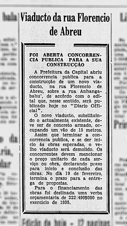 Em 1935 foi publicado o edital para a construção do "Viaducto da Florêncio de Abreu".