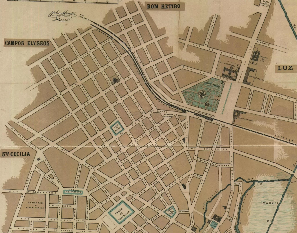 Detalhe de mapa de 1880 com o bairro planejado de Campos Elíseos.